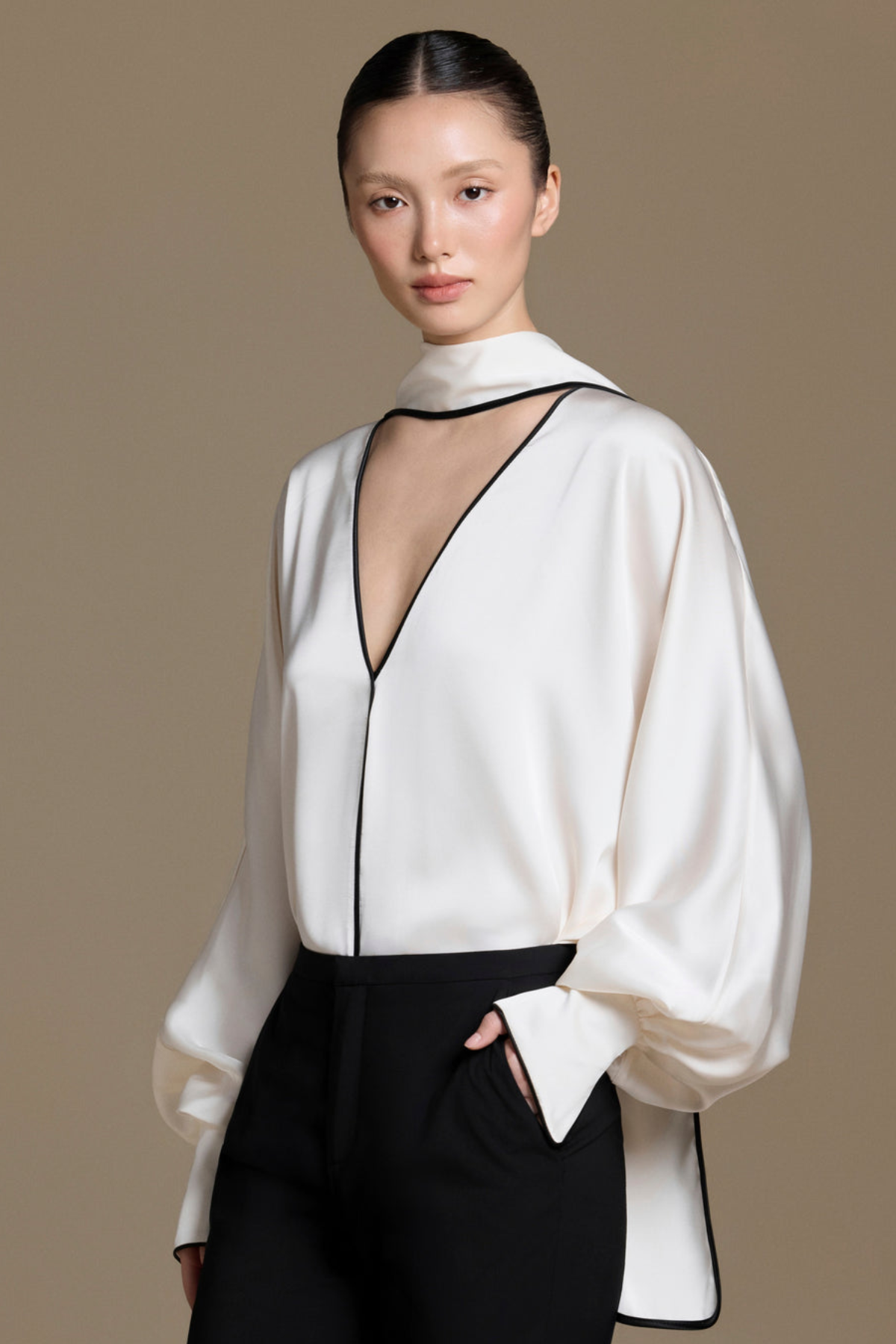Elowisse Black-trimmed Silk Top